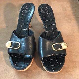 CHANEL Leather Black Sandal High Heel Mule/Slide